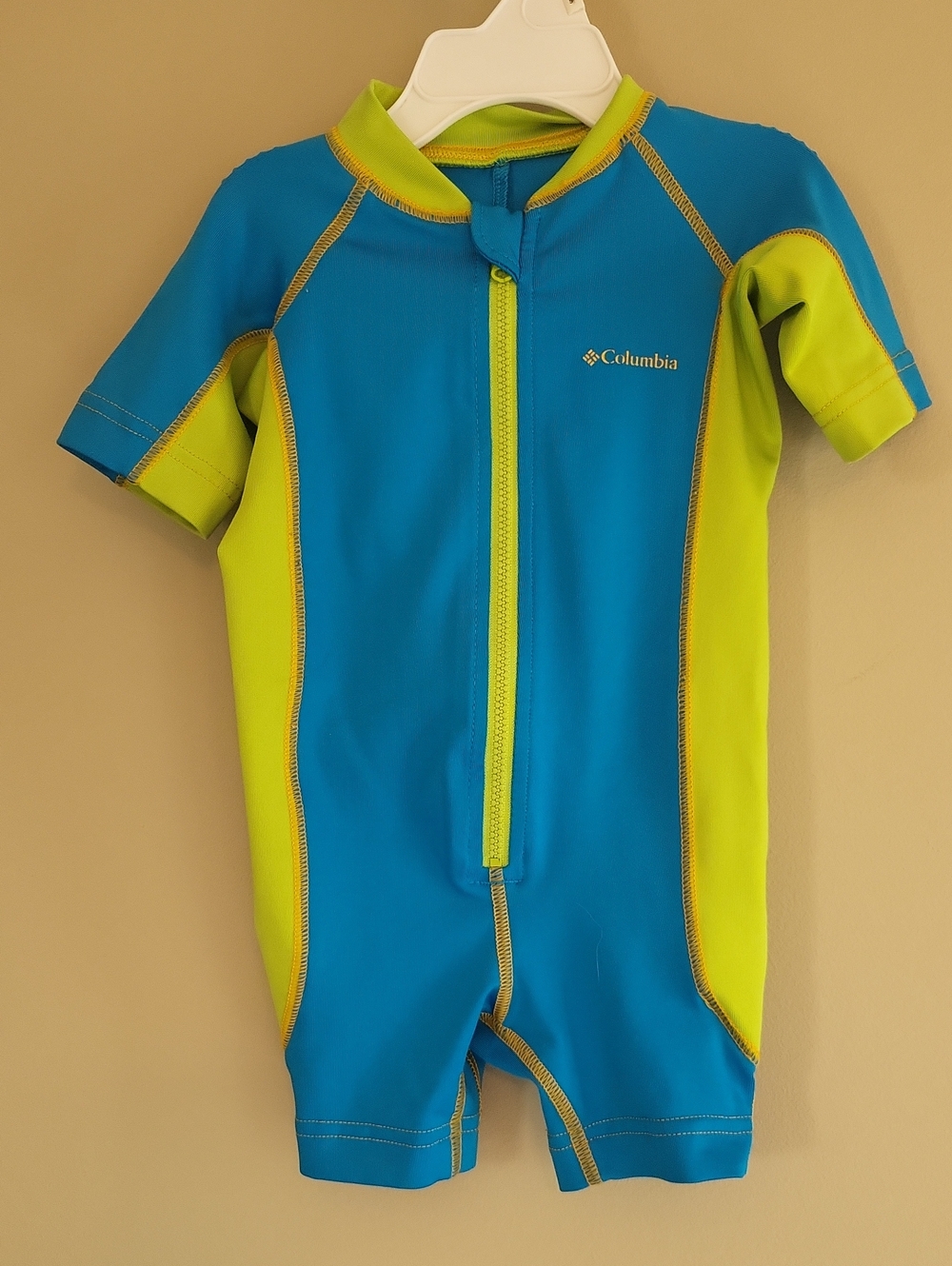 Columbia blue and lime short sleeve rashguard one piece swimsuit
